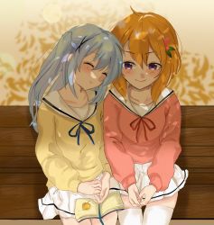 Rule 34 | 2girls, ahoge, alternate hairstyle, bench, blue hair, bmyoshikun123, book, bookmark, closed eyes, commentary, cross hair ornament, flower, gochuumon wa usagi desu ka?, hair flower, hair ornament, highres, hoto cocoa, kafuu chino, leaf, leaning on person, lens flare, long hair, looking at another, medium hair, multiple girls, on bench, orange hair, outdoors, own hands together, purple eyes, ribbon, school uniform, side-by-side, sitting, skirt, sleeping, smile, symbol-only commentary, teeth, twintails, yuri