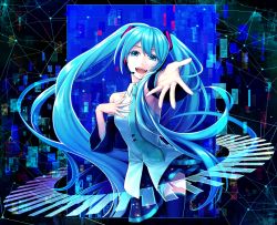 Rule 34 | 1girl, :d, armpits, black skirt, blue eyes, blue hair, blue neckwear, blue thighhighs, brown hair, detached sleeves, floating hair, hair between eyes, hair ornament, hatsune miku, headphones, headset, highres, kiyuu kuroneko, long hair, looking at viewer, microphone, miniskirt, open mouth, outstretched arm, pleated skirt, shirt, skirt, sleeveless, sleeveless shirt, smile, solo, standing, thighhighs, twintails, very long hair, vocaloid, white shirt