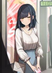 Rule 34 | 1girl, absurdres, bag, black hair, blouse, blue skirt, breasts, cellphone, cleavage, dating, frilled sleeves, frills, frown, furune emu, half updo, handbag, highres, holding, holding phone, jewelry, long hair, looking at viewer, necklace, one side up, original, phone, shirt, skirt, smartphone, solo focus, swept bangs, v-shaped eyebrows, white shirt, yellow eyes