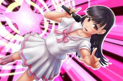 Rule 34 | 1girl, black hair, blush, brown eyes, child, collarbone, colorful dolce, dress, dutch angle, female focus, holding, holding microphone, idol, koike miyu, long hair, looking at viewer, microphone, music, nakanocchi, neck ribbon, pink ribbon, ribbon, sailor collar, sailor dress, shoes, singing, skirt, solo, standing, star (symbol), white skirt