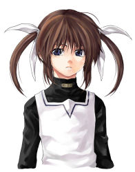 Rule 34 | 00s, 1girl, arms at sides, brown hair, closed mouth, expressionless, long sleeves, looking at viewer, lyrical nanoha, magical girl, mahou shoujo lyrical nanoha, no jacket, purple eyes, raid slash, red hair, simple background, solo, takamachi nanoha, twintails, white background