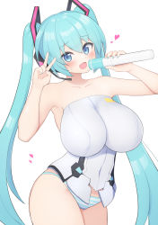 Rule 34 | 1girl, alternate breast size, bare shoulders, black skirt, blue eyes, blue hair, blue nails, blue necktie, blue panties, blush, breasts, covered navel, detached sleeves, frame arms girl, hatsune miku, head tilt, headset, heart, highres, holding, holding microphone, large breasts, looking at viewer, microphone, nail polish, necktie, panties, shirt, skirt, striped clothes, striped panties, subten, twintails, underwear, v, vocaloid, white panties, white shirt