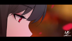 Rule 34 | 1girl, artist name, black-haired demon girl (shimmer), blurry, blurry background, from side, highres, letterboxed, original, profile, red background, red eyes, shimmer, solo