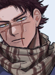 Rule 34 | 1boy, bad id, bad pixiv id, brown eyes, brown hair, facial scar, golden kamuy, highres, looking at viewer, male focus, nipples, no headwear, portrait, scar, scar on cheek, scar on face, scar on mouth, scar on nose, scarf, serious, short hair, sideburns, solo, spiked hair, sugimoto saichi, ton (ton19130318), unfinished, upper body, wet, wet hair