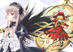 Rule 34 | 00s, 2girls, black dress, black wings, blonde hair, blue eyes, bonnet, clock, dress, drill hair, frilled sleeves, frills, full body, long hair, multiple girls, outstretched arm, pink eyes, red dress, roman numeral, rozen maiden, shinku, sidelocks, silver hair, simple background, suigintou, twintails, watari masahito, white background, wings