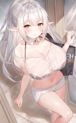 Rule 34 | 1girl, bag, black bra, blush, bra, bra visible through clothes, breasts, brown eyes, cleavage, collarbone, crop top, detached collar, elf, halterneck, highres, huge breasts, long hair, looking at viewer, micro shorts, midriff, navel, off-shoulder shirt, off shoulder, original, pointy ears, see-through, shirt, short sleeves, shorts, shoulder bag, sidelocks, silver hair, solo, sora 72-iro, spaghetti strap, standing, stomach, thighs, uber eats, underwear, wet, wet clothes, wet shirt, white shirt, white shorts