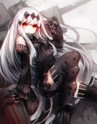 Rule 34 | 10s, 1girl, abyssal ship, aircraft carrier water oni, black dress, colored skin, detached sleeves, dress, gloves, hair ornament, highres, kajaneko, kantai collection, long hair, looking at viewer, red eyes, ribbed dress, sailor dress, solo, thighhighs, white hair, white skin