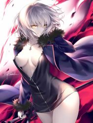Rule 34 | 1girl, adjusting hair, ahoge, artist name, black dress, blue jacket, breasts, center opening, collarbone, commentary request, dress, evil grin, evil smile, fate/grand order, fate (series), fur-trimmed jacket, fur trim, grin, hip focus, jacket, jeanne d&#039;arc (fate), jeanne d&#039;arc alter (fate), jeanne d&#039;arc alter (ver. shinjuku 1999) (fate), jewelry, kousaki rui, large breasts, looking at viewer, looking to the side, official alternate costume, open clothes, open dress, open jacket, pale skin, pendant, reverse grip, short dress, short hair, signature, silver hair, smile, solo, sword, unzipped, weapon, wind, wind lift, yellow eyes