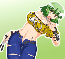 Rule 34 | 10s, 1girl, akasode (tyaramu), belt, breasts, buckle, cleavage, denim, female focus, green hair, hikage (senran kagura), jeans, knife, large breasts, looking at viewer, navel, open belt, open fly, pants, senran kagura, short hair, solo, tattoo, tongue, tongue out, torn clothes, unbuckled, unbuttoned, unzipped, yellow eyes