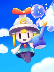 1girl :d absurdres blue_dress bow bubble cloud cloudy_sky colored_skin connie_(mario) cookiemixtle dress electric_plug electrical_outlet empty_eyes floating full_body highres holding holding_watering_can mario_&amp;_luigi:_brothership mario_&amp;_luigi_rpg mario_(series) nintendo open_mouth orange_bow sky sleeveless sleeveless_dress smile solo watering_can white_skin