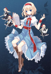 Rule 34 | 1girl, alice margatroid, bad id, bad pixiv id, blonde hair, blue eyes, book, boots, capelet, cierra (ra-bit), doll, dress, female focus, hairband, holding, holding book, looking at viewer, polearm, ra-bit, ribbon, shanghai doll, shield, solo, spear, touhou, weapon