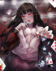 Rule 34 | 1girl, absurdres, akaisu, black bow, black hair, blunt bangs, blurry, blurry background, blush, bow, bra, breasts, card, collarbone, commentary, highres, hime cut, jabami yumeko, jacket, jewelry, kakegurui, lace, lace-trimmed bra, lace trim, large breasts, lips, long hair, long sleeves, looking at viewer, nail polish, no bra, open clothes, open mouth, open shirt, playing card, pleated skirt, poker chip, red eyes, red jacket, red lips, ring, school uniform, shirt, skirt, smile, solo, sweat, thumb ring, underwear, very long hair, white shirt