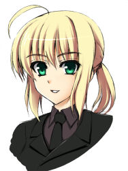 Rule 34 | 1girl, ahoge, artoria pendragon (all), artoria pendragon (fate), blonde hair, fate/zero, fate (series), formal, green eyes, long hair, necktie, pant suit, pants, ponytail, saber (fate), smile, solo, suit, toranoo