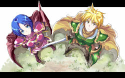 Rule 34 | 1boy, 1girl, armor, astram (fire emblem), bad id, bad pixiv id, blonde hair, blue eyes, blue hair, boots, brown eyes, cape, echizen (hvcv), fire emblem, fire emblem: mystery of the emblem, from above, letterboxed, looking up, midia, nintendo, shield, short hair, skirt, sword, weapon