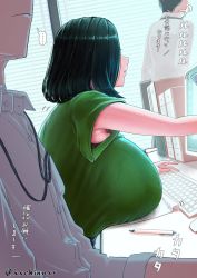 Rule 34 | 1girl, armpit peek, at computer, black hair, breast rest, breasts, breasts on table, chinushiroya, computer, from side, huge breasts, keyboard (computer), lanyard, mature female, medium hair, office lady, original, out of frame, solo focus, window blinds