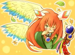 Rule 34 | 1boy, 1girl, androgynous, bad id, bad pixiv id, eijima moko, facepaint, feather hair ornament, feathers, green eyes, hair ornament, leaf, long hair, one eye closed, popoi (seiken densetsu 2), red hair, seiken densetsu, seiken densetsu 2, smile, solo, staff, tears, wings, wink
