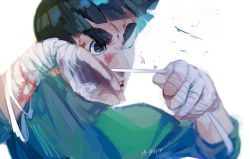 Rule 34 | 1boy, bandaged hand, bandages, black eyes, black hair, blood, blood on face, injury, male focus, naruto, naruto (series), one eye closed, rock lee, solo, thick eyebrows, upper body, zifletts