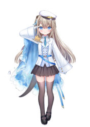 Rule 34 | 1girl, animal ears, arm up, black footwear, black skirt, blue cape, blue eyes, blue necktie, blush, braid, brown hair, brown thighhighs, cape, center frills, closed mouth, collared shirt, epaulettes, frills, full body, gloves, hat, indie virtual youtuber, jacket, long hair, long sleeves, looking at viewer, lutra lutra, mole, mole under eye, necktie, official art, peaked cap, pleated skirt, salute, sheath, shiodome oji, shirt, shoes, side cape, simple background, single epaulette, skirt, smile, solo, standing, tail, thighhighs, very long hair, virtual youtuber, white background, white gloves, white hat, white jacket, white shirt, wide sleeves