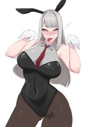 Rule 34 | 1girl, absurdres, animal ears, black leotard, black pantyhose, blush, breasts, fake animal ears, gloves, grey hair, heart, highres, large breasts, leotard, long hair, looking at viewer, myth1carts, necktie, pantyhose, playboy bunny, rabbit ears, red necktie, smile, solo, strapless, strapless leotard, tongue, tongue out, virtual youtuber, vshojo, white background, white gloves, yellow eyes, zentreya, zentreya (cyborg)