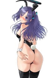 Rule 34 | 1girl, animal ears, ass, ass grab, black leotard, black thighhighs, blue archive, blush, breasts, closed mouth, cowboy shot, fake animal ears, fake tail, from behind, grabbing own ass, halo, highres, leotard, long hair, looking at viewer, mechanical halo, medium breasts, mikan 29344886, purple eyes, purple hair, rabbit ears, rabbit tail, simple background, solo, strapless, strapless leotard, tail, thighhighs, two side up, white background, wrist cuffs, yuuka (blue archive)