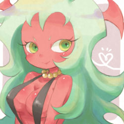 Rule 34 | 10s, 1girl, blush, breasts, chibi, cleavage, colored skin, demon girl, female focus, green eyes, green hair, horns, long hair, lowres, matching hair/eyes, panty &amp; stocking with garterbelt, red skin, scanty (psg), slingshot swimsuit, solo, swimsuit, very long hair