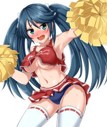 Rule 34 | 1girl, :d, alternate costume, arm up, armpits, blue buruma, blue eyes, blue hair, blush, bow, breasts, buruma, buruma under skirt, cheerleader, collarbone, commentary request, cowboy shot, crop top, embarrassed, furrowed brow, hair between eyes, hair bow, hair ribbon, highres, holding, isuzu (kancolle), kantai collection, large breasts, leaning forward, long hair, looking at viewer, miniskirt, navel, no bra, nose blush, open mouth, outstretched arm, partial commentary, pleated skirt, pom pom (cheerleading), print skirt, red shirt, red skirt, ribbon, ribbon-trimmed legwear, ribbon trim, shirt, simple background, single horizontal stripe, skindentation, skirt, smile, solo, sportswear, sweat, swept bangs, tank top, thighhighs, twintails, underboob, very long hair, white background, white bow, white thighhighs, zanntetu