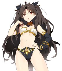 Rule 34 | 1girl, armlet, asymmetrical sleeves, bare shoulders, bikini, black bikini, black bow, black hair, bow, breasts, cleavage, detached collar, detached sleeves, fate/grand order, fate (series), gold trim, hair bow, hand on own hip, ishtar (fate), long hair, looking at viewer, mismatched bikini, navel, red eyes, sanae (satansanae), simple background, single detached sleeve, small breasts, solo, swimsuit, tiara, two side up, uneven sleeves, white background, white bikini