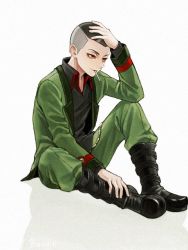 Rule 34 | 1boy, belt boots, black footwear, black hair, black shirt, boots, chain, collared shirt, danball senki wars, green jacket, green pants, hand on own head, hand on own leg, hand up, itan kyouji, jacket, knee boots, knee up, long sleeves, looking away, male focus, mouth hold, murasaki (fioletovyy), open clothes, open jacket, pants, pants tucked in, shirt, short hair, simple background, sitting, smile, solo, undercut, very short hair, white background