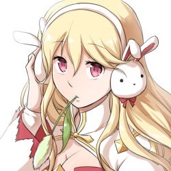 Rule 34 | 1girl, arch bishop (ragnarok online), blonde hair, breasts, cattail, cleavage, cleavage cutout, clothing cutout, commentary request, cross, dress, hair between eyes, hand on own ear, juliet sleeves, long hair, long sleeves, looking at viewer, mouth hold, natsuya (kuttuki), open mouth, pink eyes, plant, puffy sleeves, rabbit earmuffs, ragnarok online, red dress, simple background, solo, stalk in mouth, two-tone dress, upper body, white background, white dress