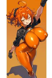 Rule 34 | 1girl, ahoge, bodysuit, breasts, commentary, covered erect nipples, ebora, english commentary, fate/grand order, fate (series), fujimaru ritsuka (female), highres, large breasts, looking at viewer, one side up, orange bodysuit, orange eyes, orange hair, short hair, skin tight, smile, solo