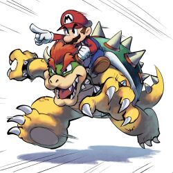 Rule 34 | 2boys, black eyes, blue overalls, blue pants, bowser, bracelet, brown footwear, brown hair, claws, closed mouth, collar, commentary, facial hair, full body, gloves, hat, highres, horns, jewelry, long sleeves, male focus, mario, mario (series), motion lines, multiple boys, mustache, nintendo, open mouth, outstretched arm, overalls, pants, pointing, red hair, red headwear, red shirt, riding, running, shadow, sharp teeth, shirt, shoes, short hair, simple background, spiked bracelet, spiked collar, spiked shell, spiked tail, spikes, tail, teeth, tongue, turtle shell, v-shaped eyebrows, white background, white gloves, ya mari 6363