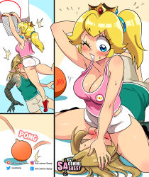 Rule 34 | 1boy, 1girl, absurdres, ass, bare shoulders, basketball, blonde hair, blue eyes, blush, breasts, cleavage, closed eyes, collarbone, comic, crown, earrings, from behind, highres, jewelry, jumping, large breasts, link, long hair, mario (series), nintendo, one eye closed, open mouth, pink tank top, ponytail, princess peach, sasa tseng, shorts, sitting, sitting on person, smile, sportswear, spread legs, tank top, the legend of zelda, white shorts