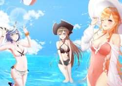 Rule 34 | 3girls, :d, :o, ;d, absurdres, anchor earrings, arm strap, armpits, azur lane, ball, bare shoulders, beachball, bikini, bikini skirt, bikini under clothes, black bikini, blonde hair, blue hair, blue sky, blush, breasts, brown hair, choker, cleavage, cloud, collarbone, commentary request, commission, cowboy shot, criss-cross halter, cross, cross-laced bikini, cross-laced clothes, cross-laced top, cross necklace, cutoffs, day, detached sleeves, earrings, frilled choker, frilled swimsuit, frills, gascogne (azur lane), gascogne (tropical environs acclimation service equipment) (azur lane), gascogne (tropical environs acclimation service equipment) (azur lane), groin, hair between eyes, hair ornament, halterneck, hand up, hat, headgear, highleg, highleg bikini, highleg swimsuit, highres, jean bart (azur lane), jean bart (private apres midi) (azur lane), jewelry, knees together feet apart, konparu uran, large breasts, layered bikini, lens flare, long hair, looking at another, looking up, medium breasts, multicolored hair, multiple girls, multiple straps, nail polish, navel, necklace, ocean, official alternate costume, one-piece swimsuit, one eye closed, open fly, open mouth, orange scrunchie, outdoors, pink nails, pink one-piece swimsuit, pirate hat, pixiv commission, playing, red eyes, richelieu (azur lane), richelieu (fleuron of the waves) (azur lane), scrunchie, short hair, short shorts, shorts, side-tie bikini bottom, side-tie swimsuit, sidelocks, skeb commission, sky, smile, sparkle, standing, standing on one leg, stomach, sun hat, swimsuit, thigh strap, very long hair, w arms, wading, white bikini, white choker, white headwear, white sleeves, wrist scrunchie, yellow eyes