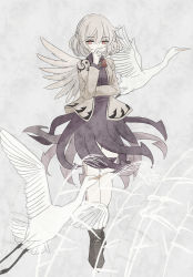 Rule 34 | 1girl, aaaabo, absurdres, bird, boots, covering own mouth, cross-laced footwear, gradient background, grey hair, hand over own mouth, highres, jacket, kishin sagume, long sleeves, looking at viewer, red eyes, shirt, short hair, single wing, skirt, solo, standing, swan, touhou, wings