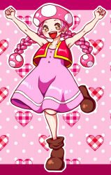 Rule 34 | 1girl, artist request, boots, braid, commentary request, dress, hair ornament, hat, mario (series), nintendo, open mouth, paper mario, paper mario: the thousand year door, personification, pink background, pink hair, pink hat, solo, toadette, twin braids, vest, yellow eyes