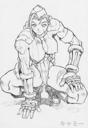 Rule 34 | arm support, boots, braid, breasts, cammy white, capcom, covered erect nipples, garrison cap, greyscale, hat, huge breasts, large breasts, mogudan, monochrome, muscular, solo, squatting, street fighter, twin braids