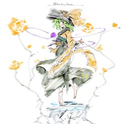 Rule 34 | 1girl, adapted costume, bad id, bad twitter id, barefoot, bow, commentary request, floating, flower, full body, green eyes, green hair, hat, hat bow, hat flower, japanese clothes, kimono, komeiji koishi, long sleeves, looking at viewer, obi, sash, solo, third eye, tiptoes, torichamaru, touhou, twitter username, wide sleeves, yukata