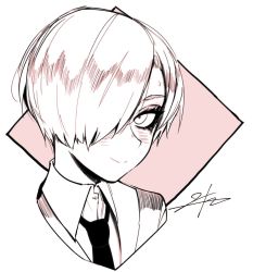 Rule 34 | 1other, androgynous, blush, collared shirt, commentary, hair over one eye, j.k., looking at viewer, monochrome, necktie, one eye covered, original, pink theme, portrait, shirt, signature, smile, solo, sweatdrop, white background, wing collar