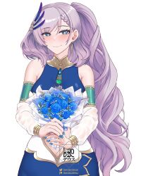 Rule 34 | 1girl, aqua eyes, artist logo, blue flower, blue nails, blue rose, bouquet, breasts, bright pupils, closed mouth, clothing cutout, detached sleeves, dress, earrings, flower, gradient nails, green nails, grey hair, hair ornament, highres, holding, holding bouquet, hololive, hololive indonesia, jewelry, landacdeus, long hair, patreon username, pavolia reine, pavolia reine (1st costume), rose, sleeveless, sleeveless dress, solo, stomach cutout, twitter username, virtual youtuber, white pupils, white sleeves