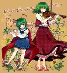 Rule 34 | 2girls, antennae, ascot, beamed quavers, blouse, bug, butterfly, cape, crotchet rest, closed eyes, female focus, flute, green eyes, green hair, high heels, insect, instrument, kazami yuuka, long skirt, mary janes, multiple girls, musical note, no socks, plaid, plaid skirt, plaid vest, poko (mammypoko), quaver, quaver rest, red skirt, sharp sign, shirt, shoes, shorts, skirt, skirt set, smile, socks, staff (music), standing, touhou, treble clef, unmoving pattern, vest, violin, wriggle nightbug