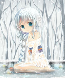 Rule 34 | 1girl, aqua eyes, bad id, bad pixiv id, bare shoulders, bare tree, barefoot, between legs, braid, breasts, character request, cleavage, collarbone, commentary request, day, flower, full body, hair between eyes, hand between legs, highres, icicle, japanese clothes, kimono, large breasts, lily pad, long hair, looking at viewer, looking to the side, lotus, obi, off shoulder, outdoors, pond, sash, see-through, shallow water, shiiba nae, silver hair, single braid, sitting, snow, snowing, solo, sound voltex, tree, veil, very long hair, wariza, water, wet, wet clothes, white kimono, winter