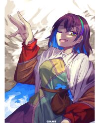 Rule 34 | 1girl, artist name, bag, cape, capelet, colored inner hair, commentary, corporalblake, english commentary, hairband, highres, long sleeves, looking at viewer, multicolored eyes, multicolored hair, multicolored hairband, one eye closed, open mouth, short hair, sky print, solo, tenkyuu chimata, touhou, white cape, white capelet