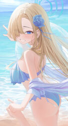 Rule 34 | 1boy, 1girl, absurdres, ass, asuna (blue archive), bare shoulders, beach, bikini, blonde hair, blue archive, blue bikini, blue eyes, blue flower, blue rose, blue sky, blush, breasts, day, flower, from behind, hair flower, hair ornament, hair over one eye, halo, halterneck, highres, holding hands, large breasts, long hair, looking at viewer, outdoors, pointing, pointing forward, rose, sky, smile, starblue, swimsuit, very long hair, water