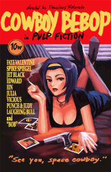 Rule 34 | 1girl, arm support, blue hair, breasts, chupachup, cigarette, cleavage, cover, cowboy bebop, ein (cowboy bebop), fake cover, faye valentine, gun, handgun, large breasts, looking at viewer, lying, on stomach, parody, pistol, pulp fiction, smoke, spike spiegel, the pose, weapon
