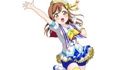 Rule 34 | 1girl, aozora jumping heart, artist name, artist request, blue shorts, blush, boots, brown eyes, brown hair, earrings, elbow gloves, female focus, gloves, hat, hat ribbon, jewelry, kunikida hanamaru, light brown hair, long hair, looking at viewer, love live!, love live! sunshine!!, mari n (pixiv20297638), neckerchief, ribbon, sailor collar, short shorts, short sleeves, shorts, shorts under skirt, single elbow glove, single glove, skirt, smile, solo, sparkle, standing, standing on one leg, striped clothes, striped thighhighs, thighhighs, white background, white footwear, white gloves, white hat, white skirt, yellow eyes, yellow neckerchief, yellow ribbon