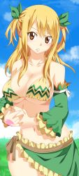 Rule 34 | 1girl, absurdres, bikini, bikini skirt, blonde hair, blue sky, bow, breasts, brown eyes, cleavage, cloud, day, detached sleeves, fairy tail, grass, hair bow, hair ribbon, highres, large breasts, long hair, looking at viewer, lucy heartfilia, navel, outdoors, parted lips, planeptune, ribbon, sarong, sky, solo, swimsuit, tattoo, twintails