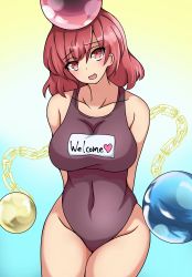 Rule 34 | 1girl, absurdres, breasts, chain, earth (ornament), gold chain, hecatia lapislazuli, highres, looking at viewer, medium breasts, moon (ornament), navel, red eyes, red hair, suwaneko, swimsuit, touhou