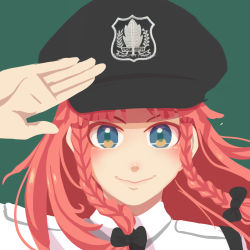 Rule 34 | 1girl, alternate costume, blouse, braid, green background, hair ribbon, hat, highres, hong meiling, indonesian commentary, long hair, peaked cap, police, police uniform, policewoman, portrait, red hair, refrone, ribbon, salute, shirt, simple background, touhou, twin braids, uniform, white shirt