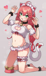 1girl ahoge alternate_costume animal_collar animal_ears ankle_cuffs arm_cuffs bell belly black_collar blush bowl bra breasts bridal_garter cat_cutout cat_ears cat_lingerie cat_tail claw_pose cleavage cleavage_cutout clothing_cutout collar collarbone fake_animal_ears fake_tail food frilled_bra frilled_panties frills full_body green_eyes hair_ornament hairband hairclip hands_up heart highres hololive kneeling large_breasts long_hair meme_attire muco_lita navel neck_bell notice_lines open_mouth panties pet_bowl pink_hair pink_nails sakura_miko solo tail taiyaki thighs underwear virtual_youtuber wagashi wavy_mouth white_bra white_panties wrist_cuffs