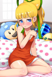 Rule 34 | 1girl, bare arms, bare shoulders, bed, bed sheet, blonde hair, blue eyes, blunt bangs, blush, breasts, character doll, closed mouth, collarbone, commentary request, dress, embarrassed, energy tank, frilled dress, frills, green ribbon, hair ribbon, hand rest, hard hat, helmet, indoors, long hair, looking at viewer, maruta kentarou, mega man (character), mega man (classic), mega man (series), on bed, open mouth, polka dot, ponytail, red dress, ribbon, roll (mega man), sidelocks, sitting, sleeveless, sleeveless dress, small breasts, solo, strap pull, undressing, wall